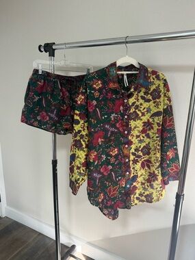 Anthropologie Mixed Floral Button-Down & Shorts Set